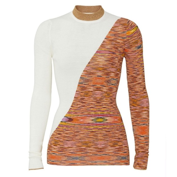 MISSONI Wool Rib Knit Asymmetric Colorblock Long Sleeve Mockneck Slim Sweater M - Picture 9 of 10